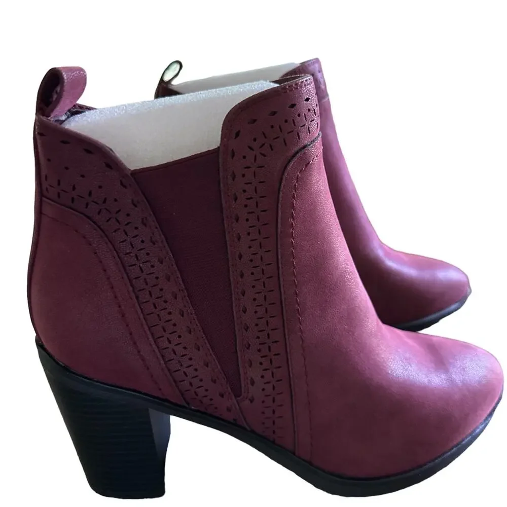 Mia Ladies’ Burgundy Faux Suede Heeled Ankle Boots Size 9 New western-inspired